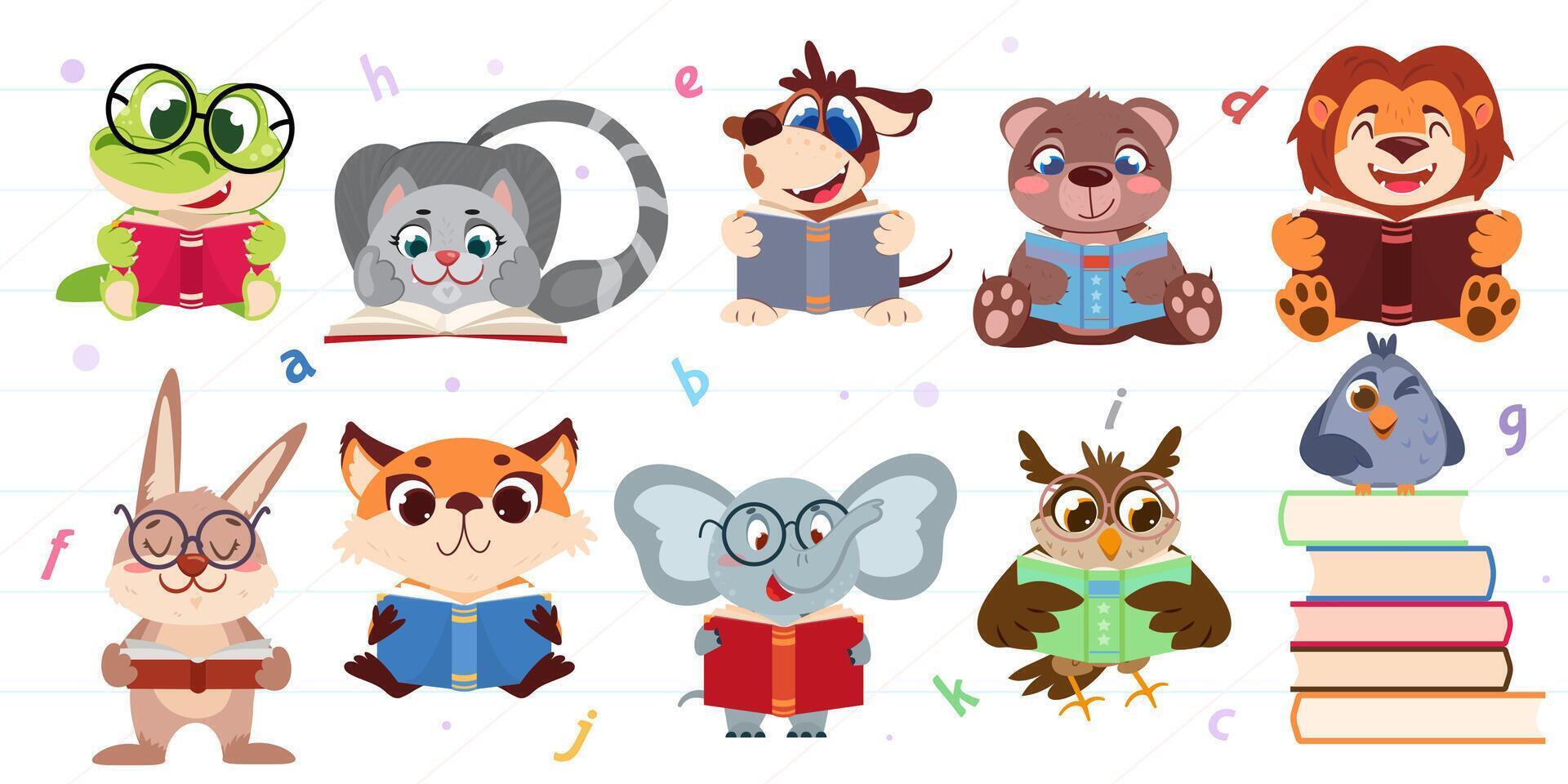 Set of cute cartoon animals and birds reading books. Smart funny owl, rabbit, crocodile and elephant in glasses study of literature. Pupil characters read stories for kids flat illustration. vector