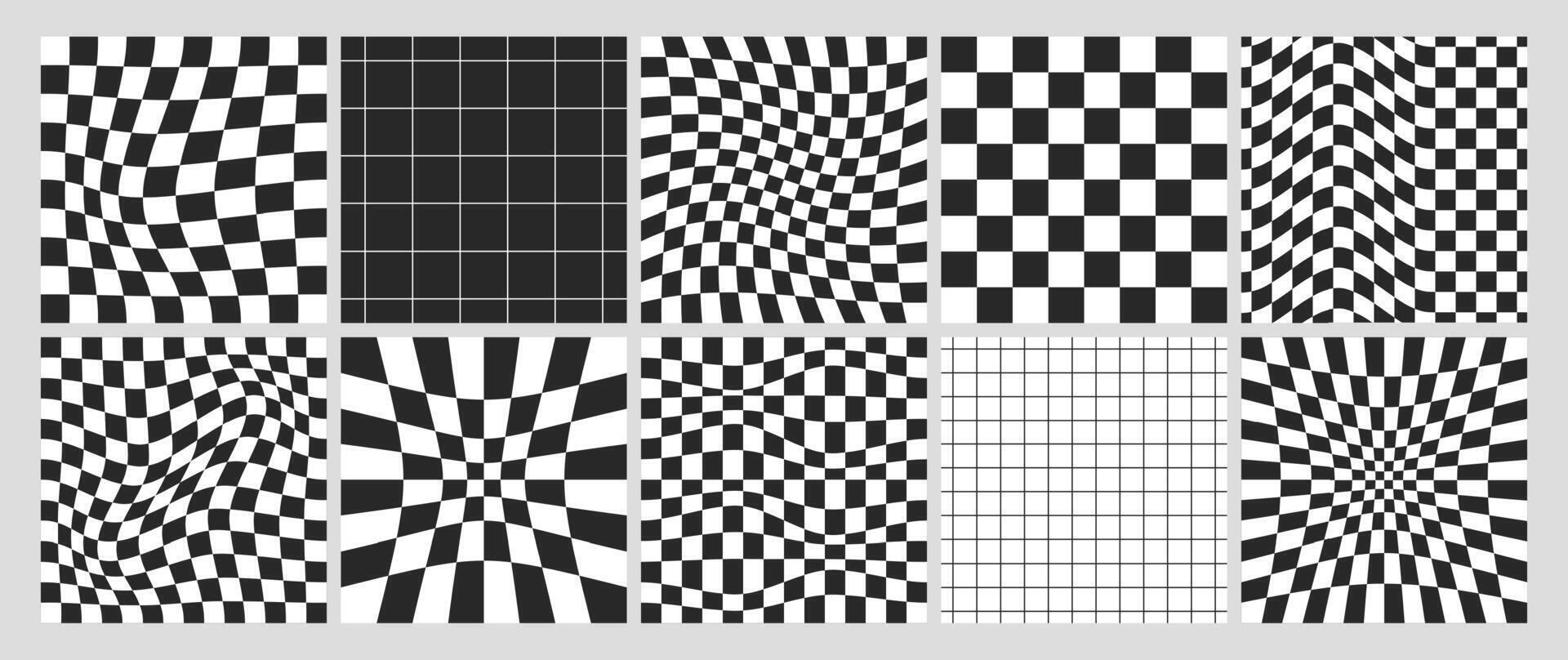 Square psychedelic checkerboards with warped white and black grid tile. Checkered seamless geometric pattern in y2k style. Distorted chessboard backgrounds with distortion effect and optical illusion. vector