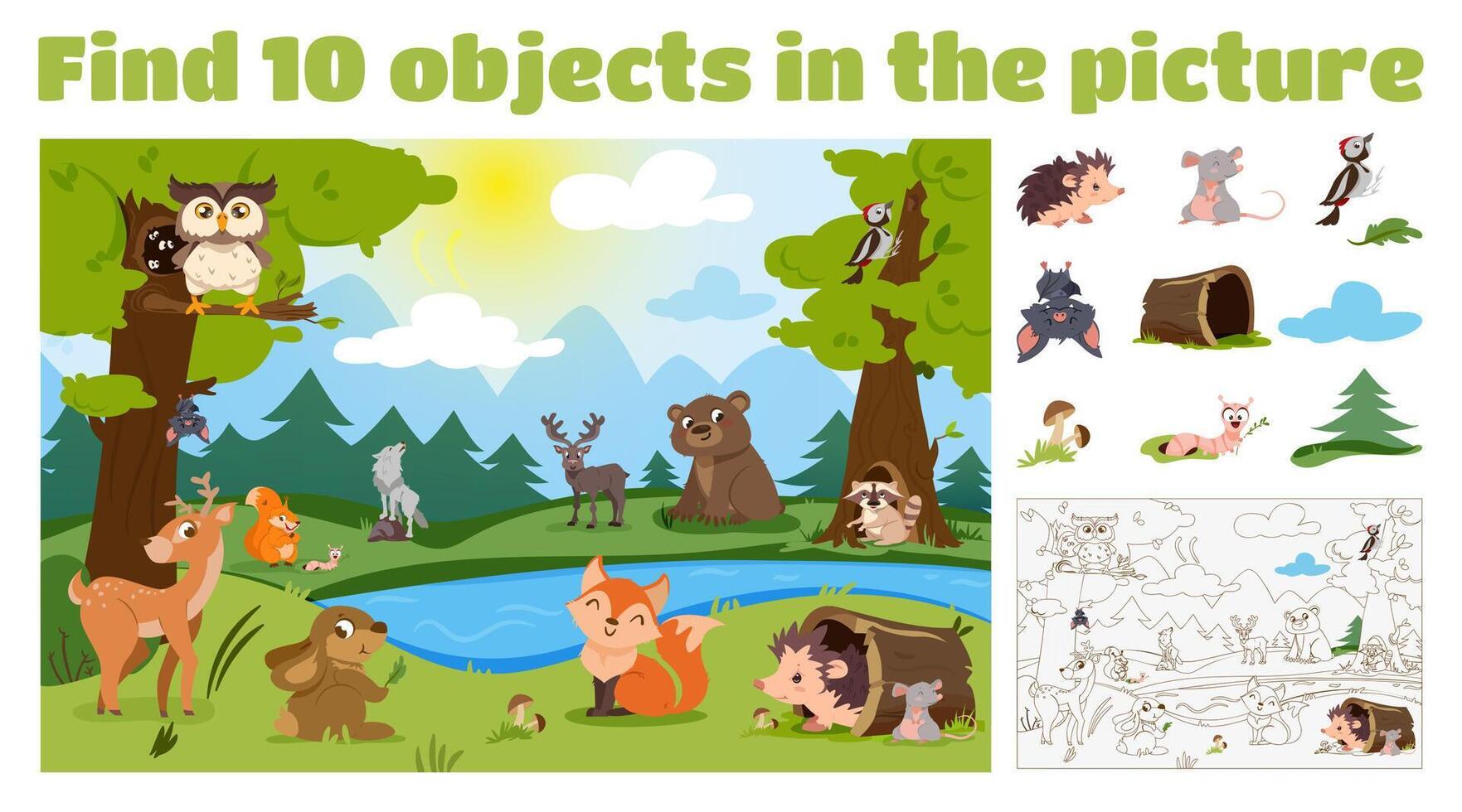 Find 10 hidden objects in the picture. Educational puzzle game for kids with cartoon forest animals in wild nature. Searching items and coloring book page concept. Wildlife and birds with lake, trees. vector