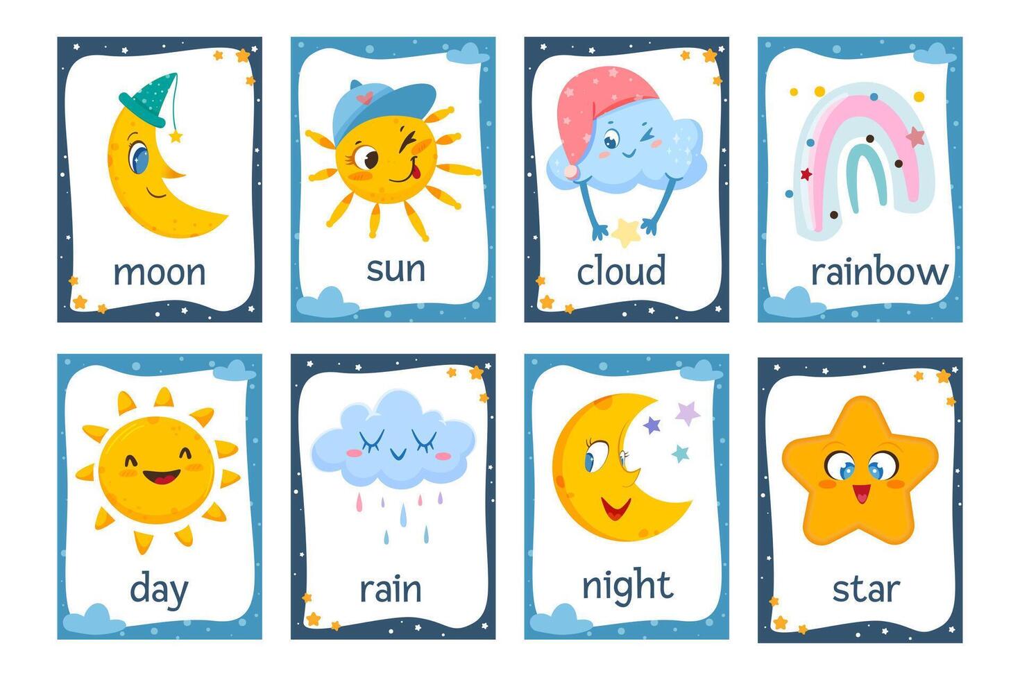 clima destello tarjetas colocar. imprimible tarjeta de memoria flash colección con linda sol, luna, vistoso arcoíris, gracioso nube y contento estrella para preescolar años y jardín de infancia niños plano ilustración. vector