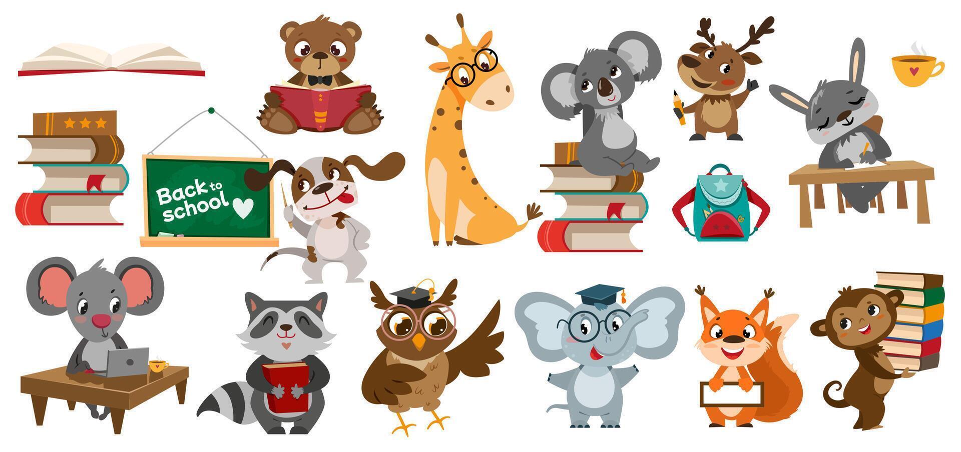 Set of school animals. Cute cartoon pupil characters writing, studying and reading books. Teacher dog with pointer at blackboard, koala at laptop. Back to school. Collection for preschool children vector