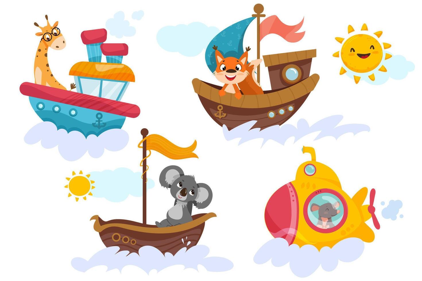 Set of cute childish animals sailing on maritime transport. Funny koala in sea boat, mouse in submarine, smiling fox in ship and giraffe in steamship. Cartoon baby captain characters in marine journey vector