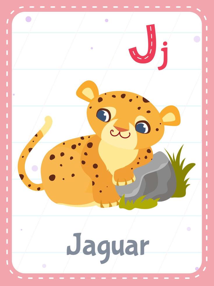 Alphabet printable flashcard with letter J. Cartoon cute jaguar animal and english word on flash card for children education. School memory cards for kindergarten kids flat illustration. vector