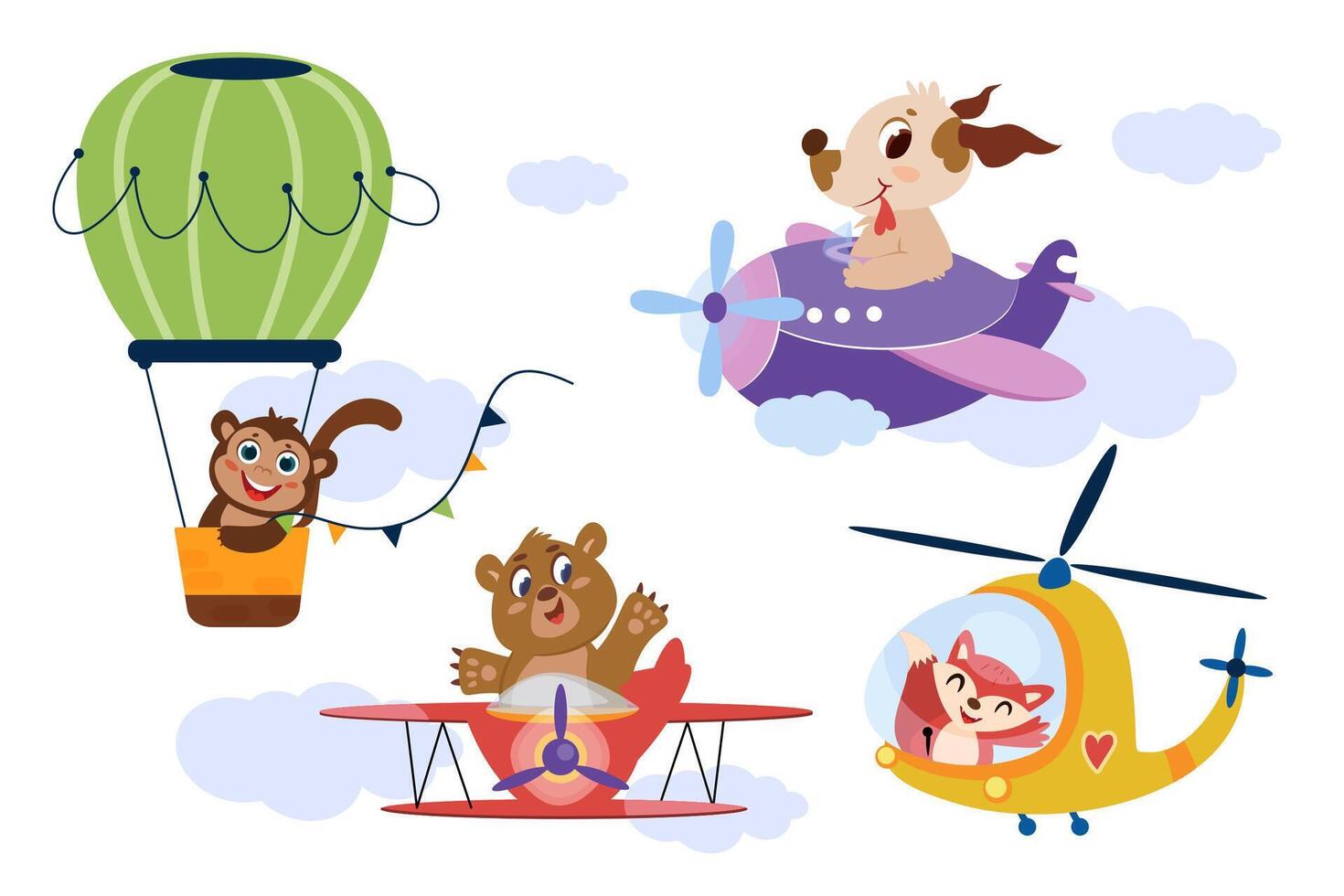 Cute animals in aircrafts. Happy characters flying by airplane, helicopter and balloon in sky. Funny pilot fox, dog, monkey and bear driving plane. Set of cartoon air transport with smiling aviators. vector