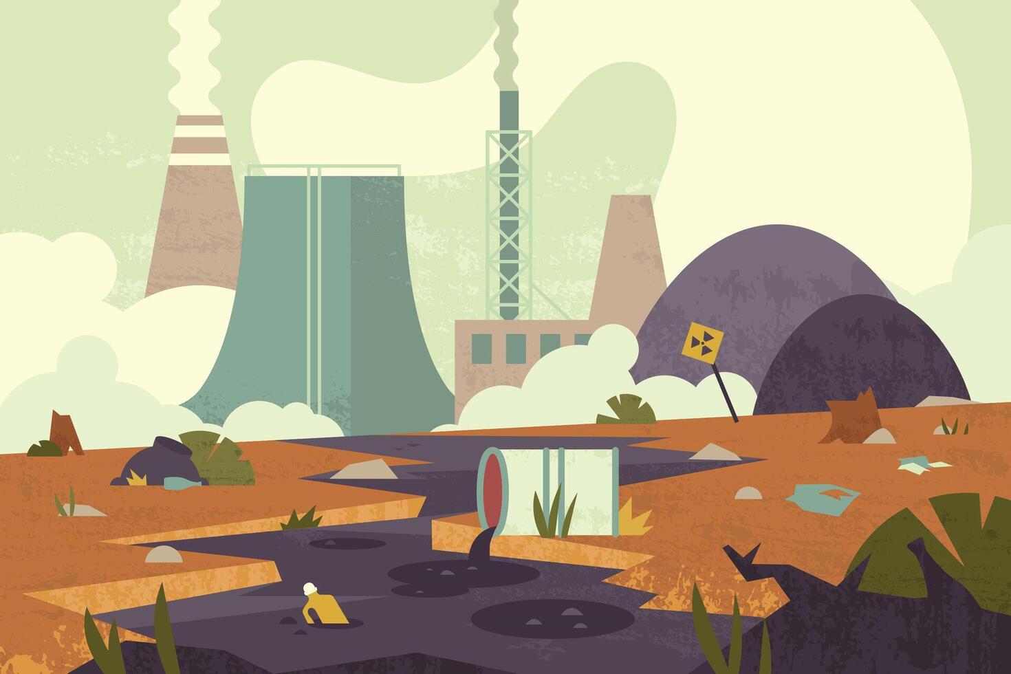 Flat environmental disaster with chemical water river and air pollution. Radioactive hazardous waste, toxic dangerous trash. Industrial accident on nuclear power plant with danger substance in barrel. vector