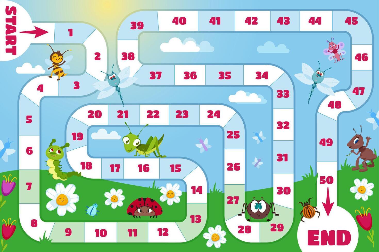 Family board game for children. Kids play boardgame with path and numbers on green meadow, start and finish sign, flowers, bugs, ant, ladybug and grasshopper. Cartoon illustration. vector