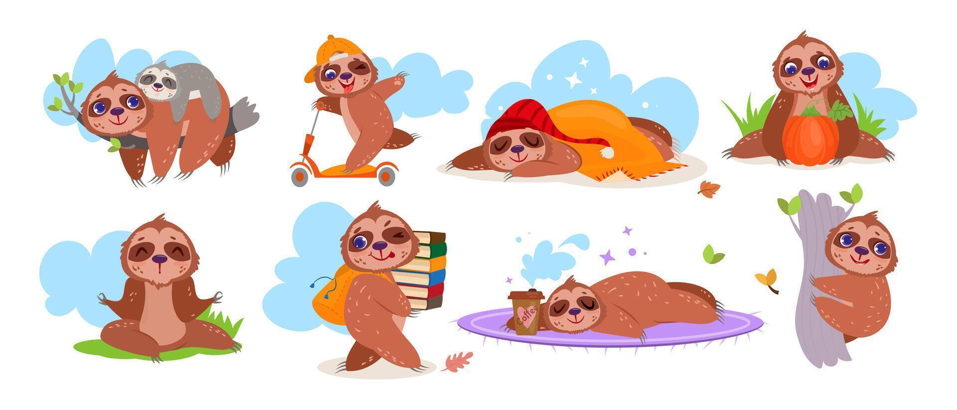 Flat cute sloth sleeping, riding a scooter, doing yoga, climbing and hanging tree. Cartoon funny animal charasters with coffee mug, pumpkin, books and backpack. Baby sleep on branch with lazy mother. vector