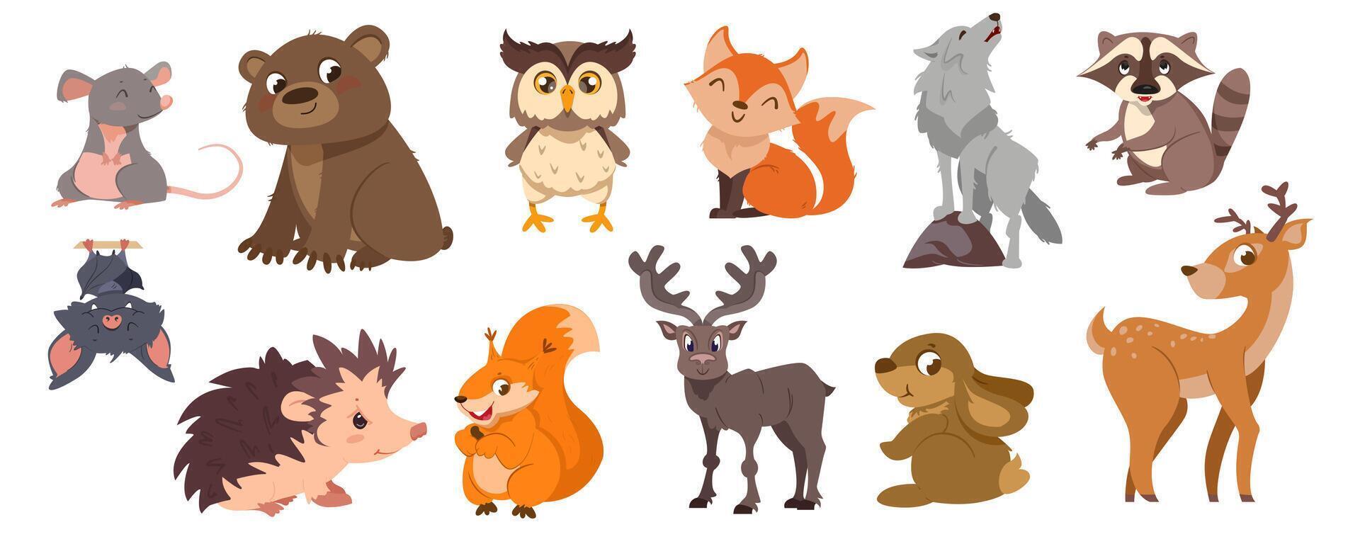 Cute forest animals collection. Wild bear, funny squirrel, smiling fox and owl, hedgehog, deer. Wildlife biodiversity. Set of woodland characters for children books cartoon illustration. vector