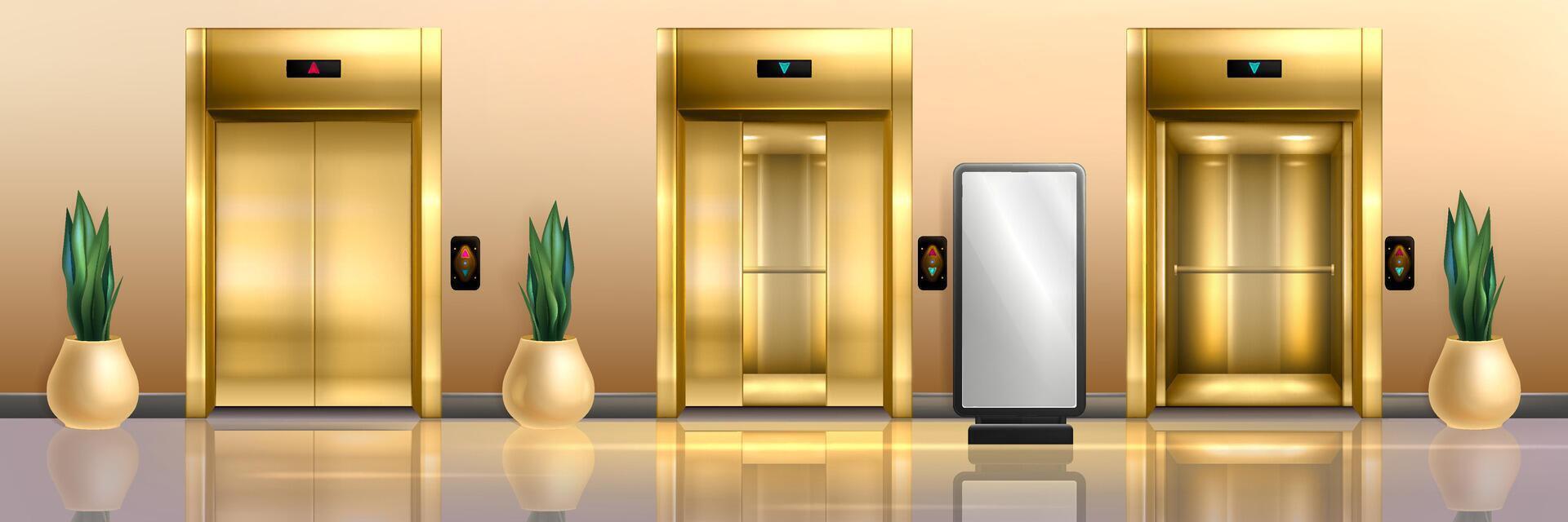 Golden elevators in waiting area with half closed, open and closed cabin doors. Office hallway, hotel lobby interior with gold lift, button panel, plants and floor led poster display for advertising. vector