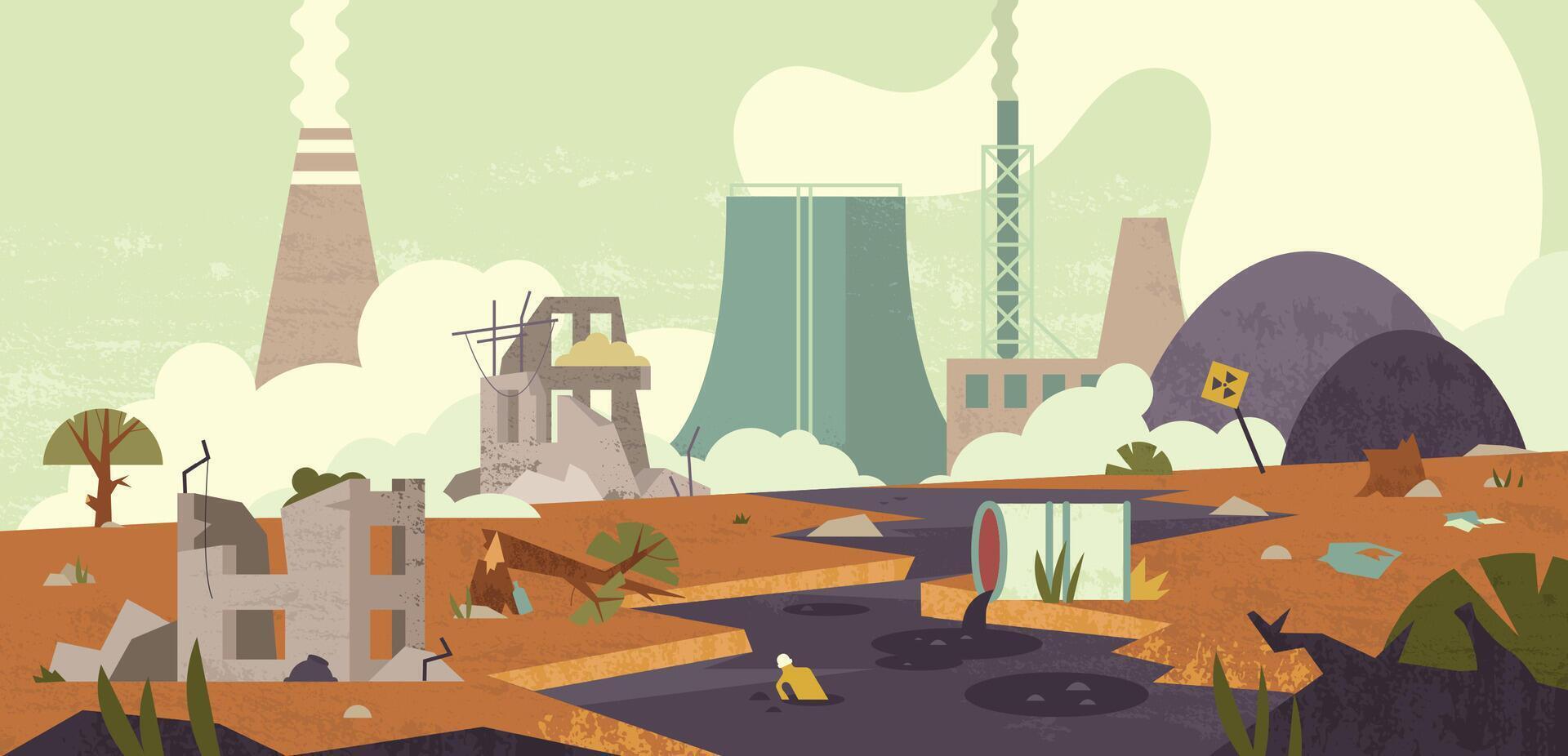 Flat natural environmental disaster or cataclysm with chemical air pollution and abandoned broken buildings. Industrial accident on nuclear power plant with ruins with destroyed. Destruction in city. vector