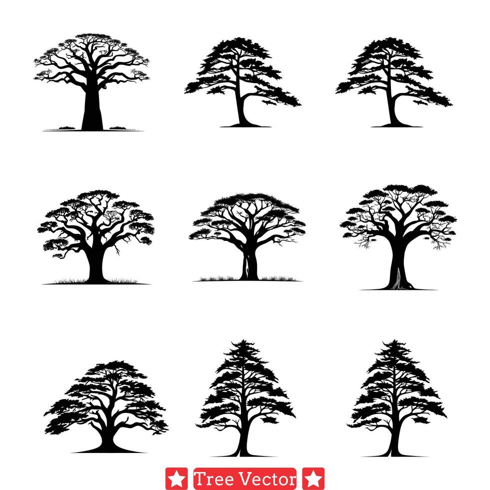 encantador bosque diverso árbol siluetas colección para naturaleza amantes vector