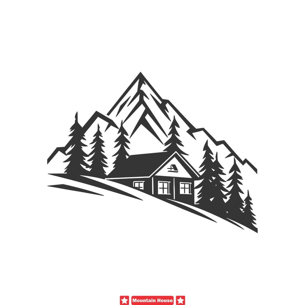 Mountain Hideaway Haven Secluded House Silhouettes Tucked Amidst Towering Peaks Set vector