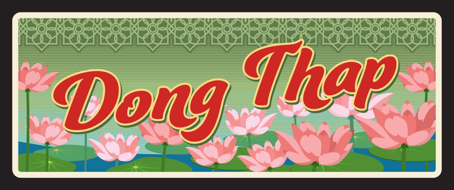 Dong Thap Vietnam, retro travel plate vector