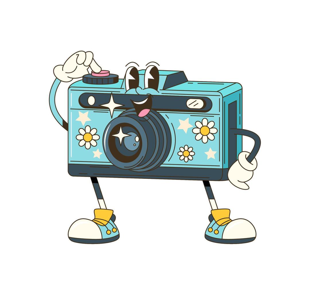 Cartoon groovy photo camera retro character vector