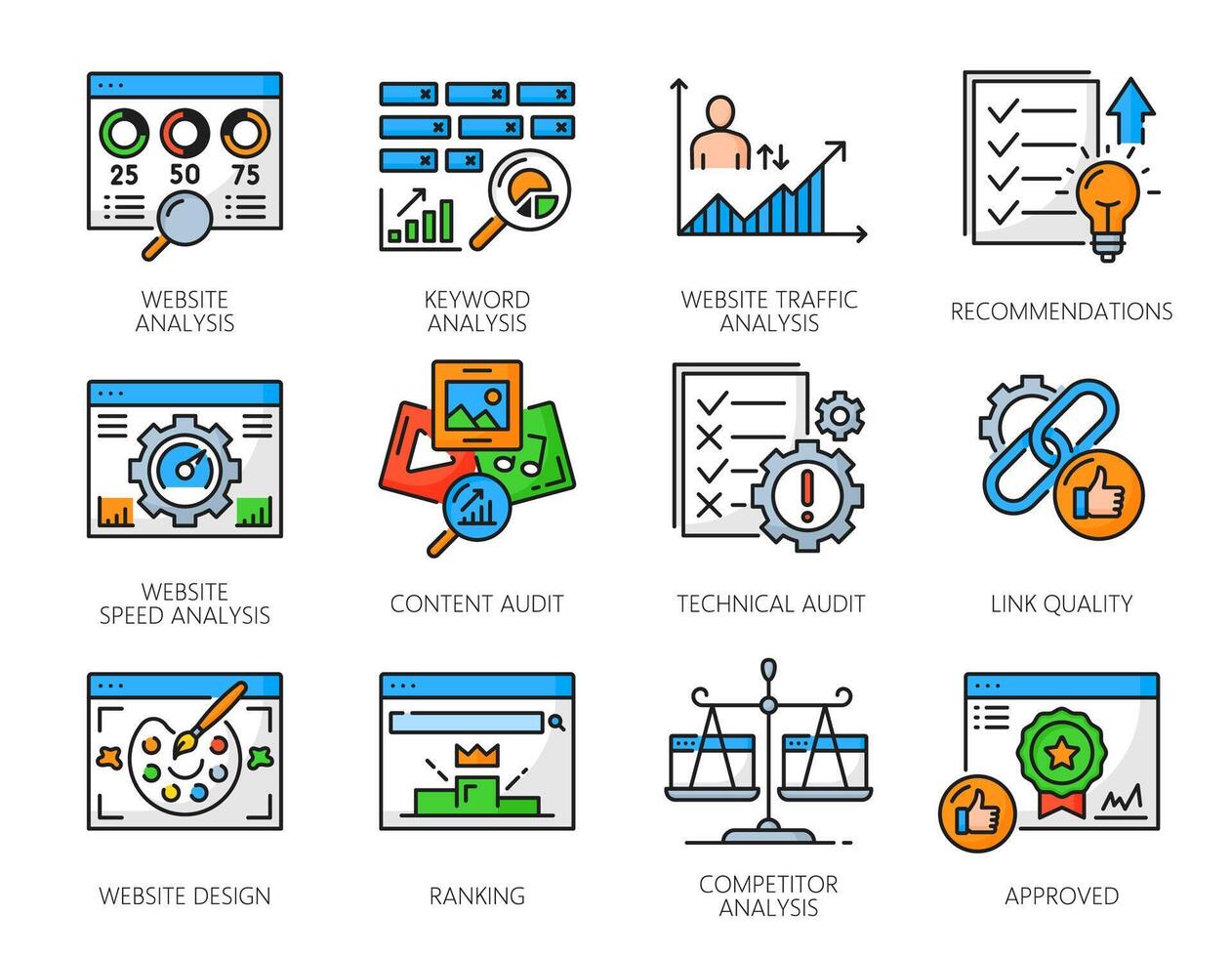 Web audit icons, website analysis, content ranking vector