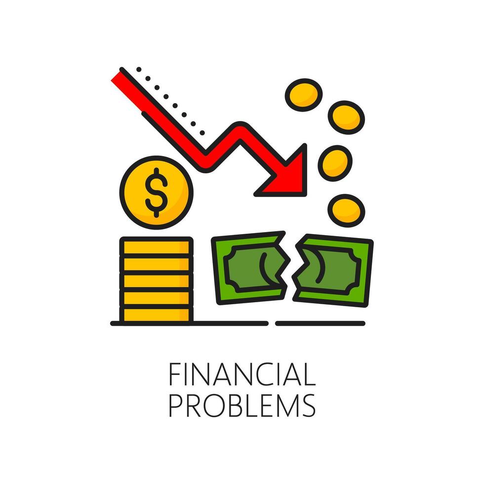 Financial problem color line icon, money and graph vector