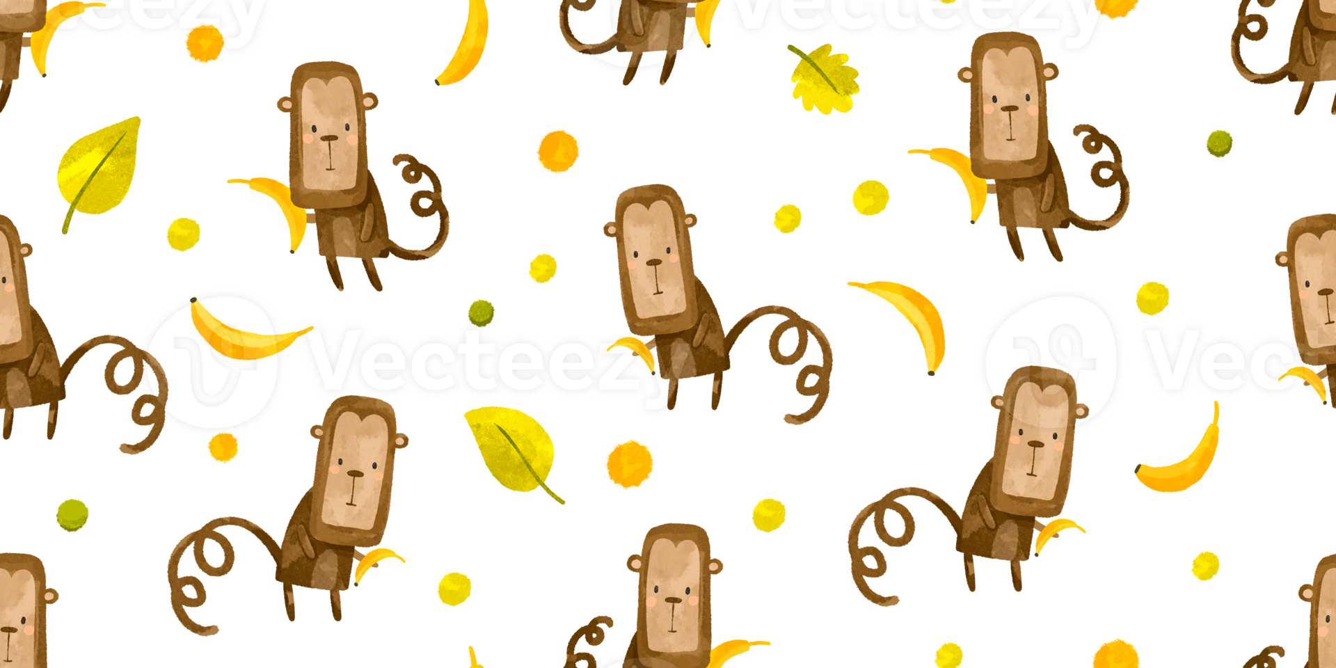 Seamless pattern with cartoon monkeys with banana, leaves. Lianas and jungle. Children's hand drawn illustration on isolated background. Ideal background for textiles and prints png