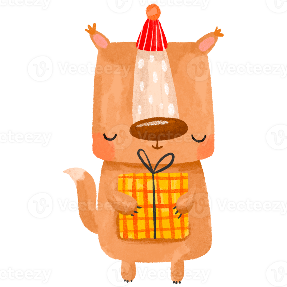 Cute squirrel celebrates birthday with a gift. Happy birthday. Child illustration on isolated background png