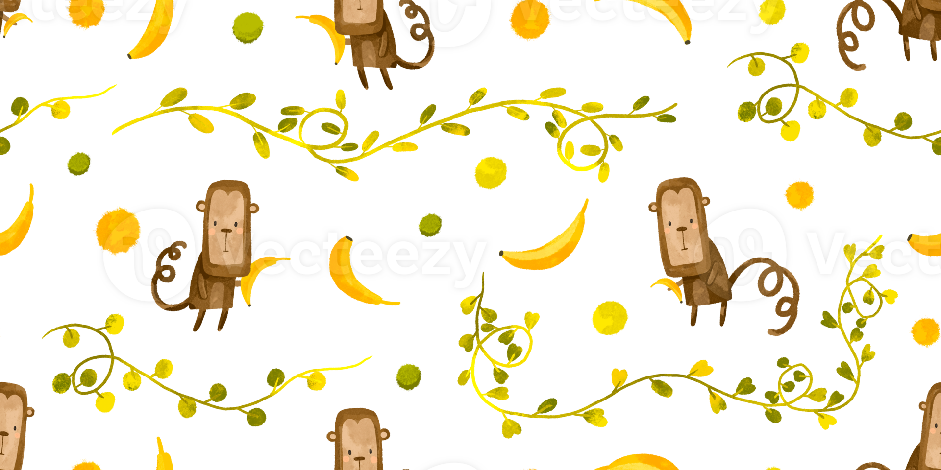 Seamless pattern with cartoon monkeys with a banana near the vines. Nature jungle. Children's hand drawn illustration on isolated background. Ideal background for textiles and prints png