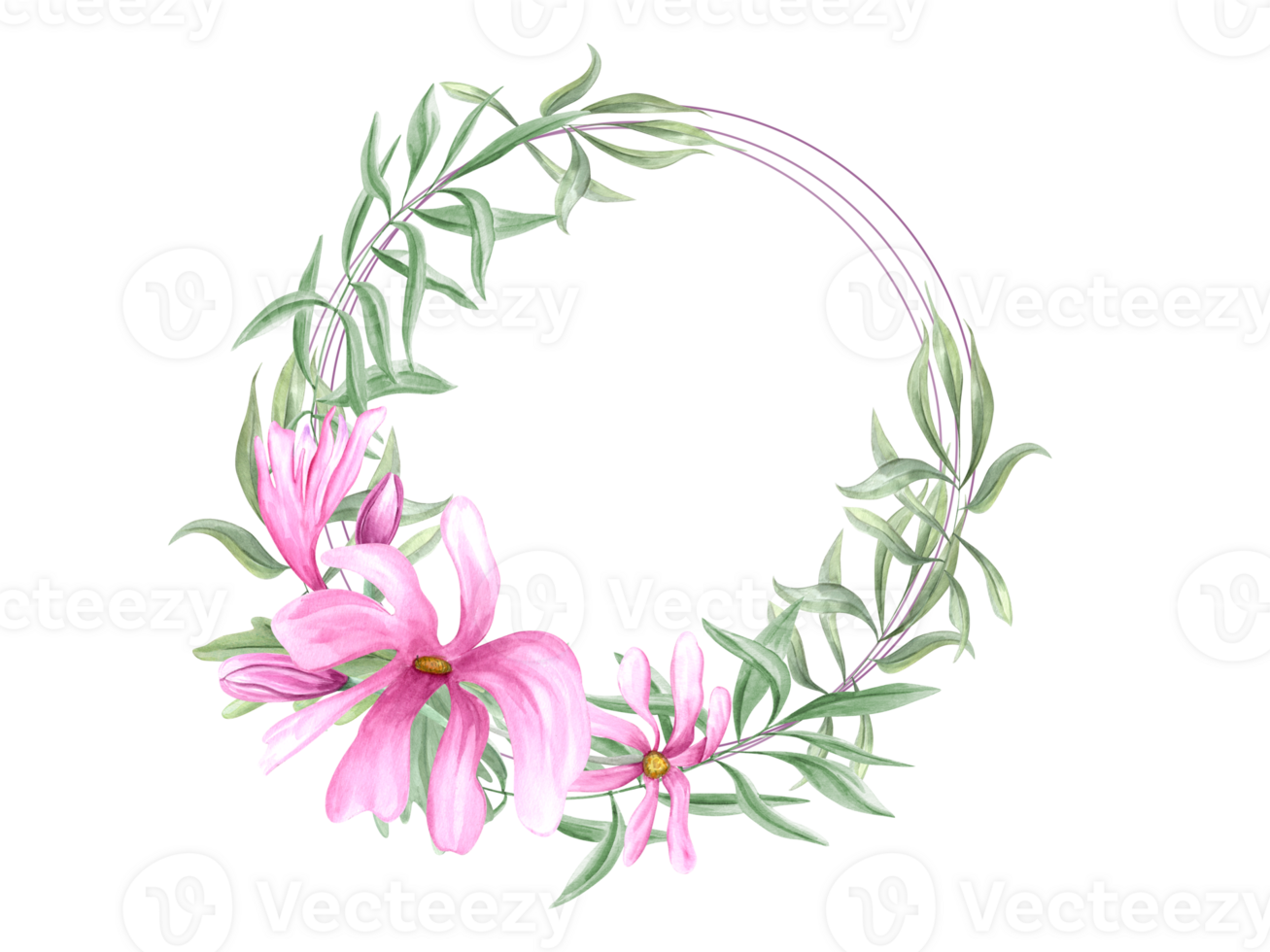 astratto rosa fiori e pianta ramo. il giro romantico telaio con copia spazio per testo. verde le foglie e magnolia fiori. acquerello illustrazione. per cartoline, invito, saluti. png