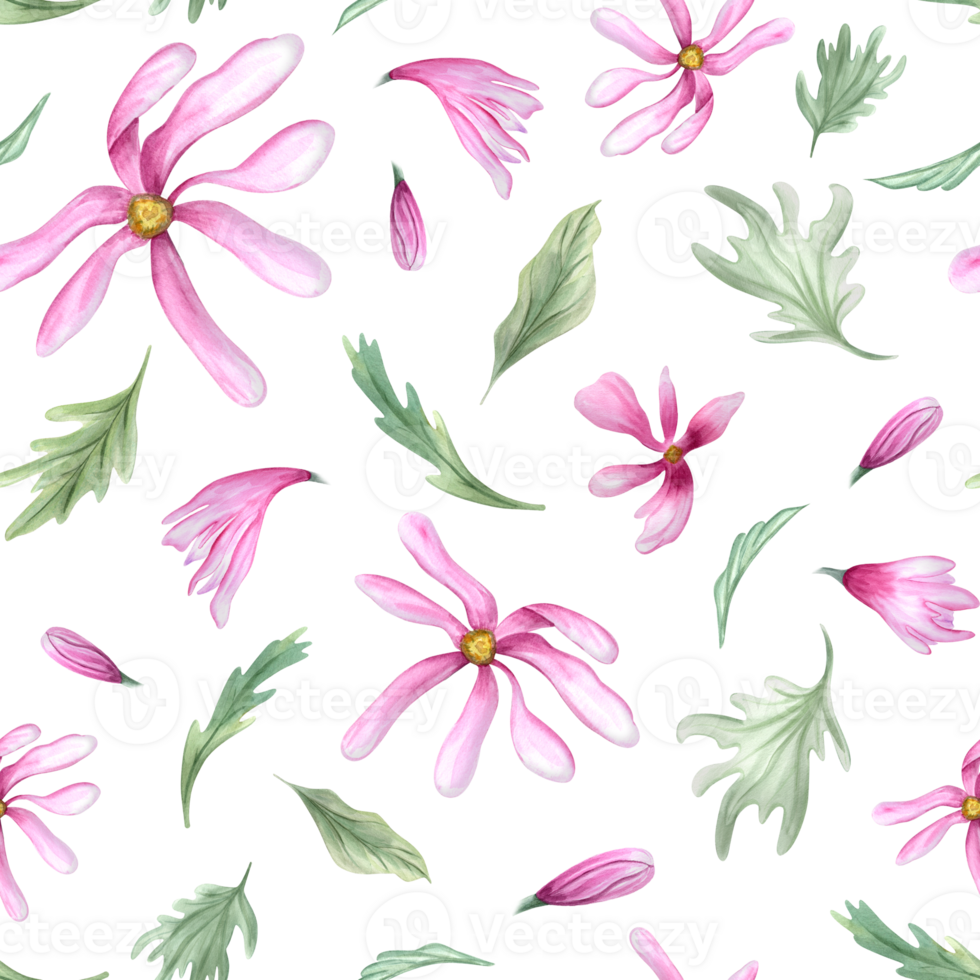 magnolia flor cabeza y verde hojas. resumen rosado flores y verdor. sin costura modelo de primavera floreciente plantas. acuarela ilustración para textil, paquete png