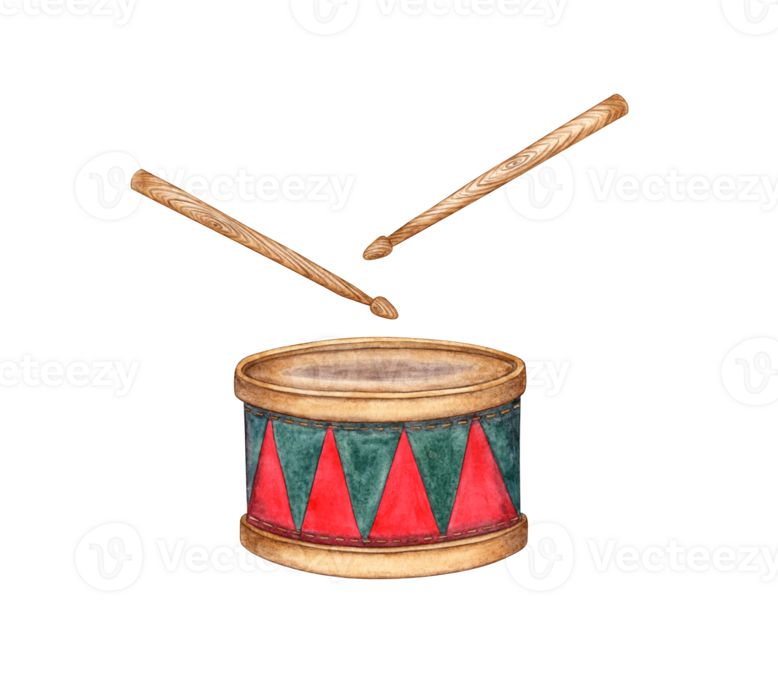 Watercolor illustration of a red and green drum and stick isolated from the background. Musical instrument on the theme of music, hobby, learning. For the design of a postcard, poster, book cover, png