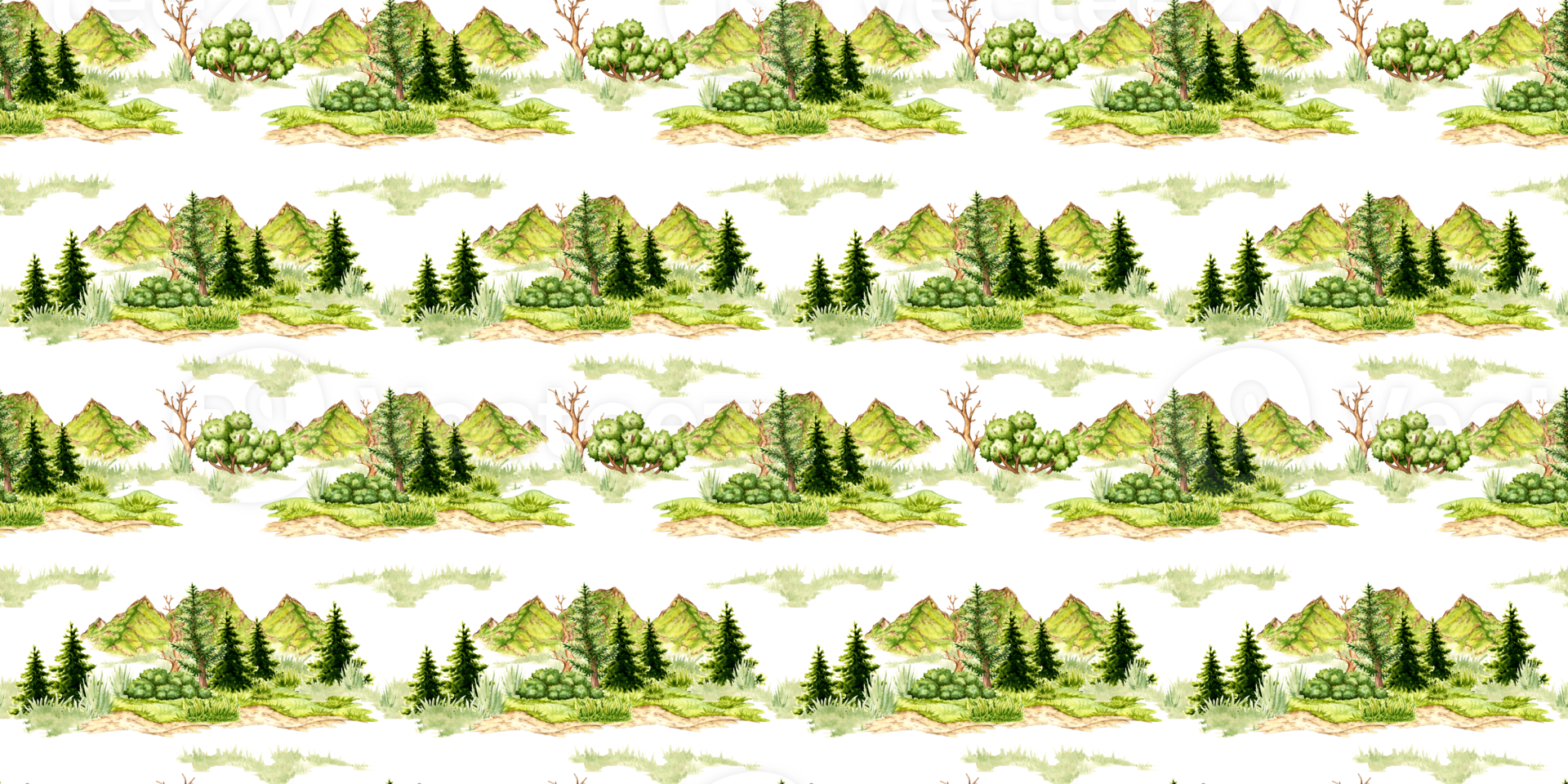 Watercolor illustration of natural landscape isolated from background. Forest wildlife scene with green grass, mountain ridges, trees and bushes. For the design of compositions on the theme of tourism png