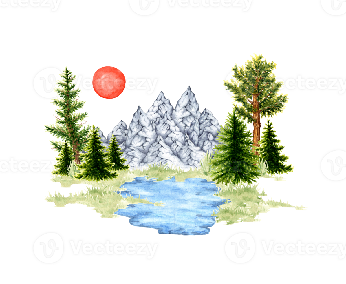 Watercolor illustration of natural landscape. Forest wildlife scene with green grass, green trees, mountain ranges, lake and sun. Create design compositions on the theme of tourism, travel, png