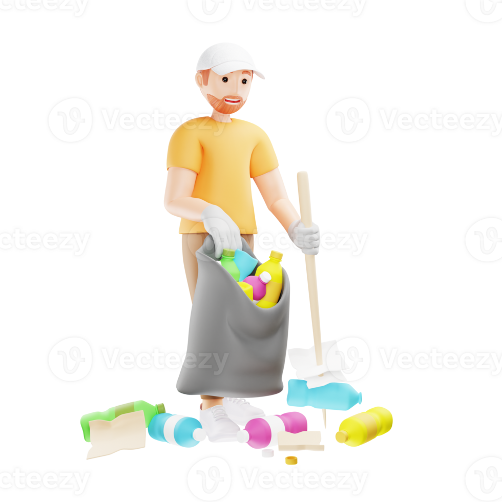 3D Character Illustration Man Picking Up Trash to Protect the Environment png