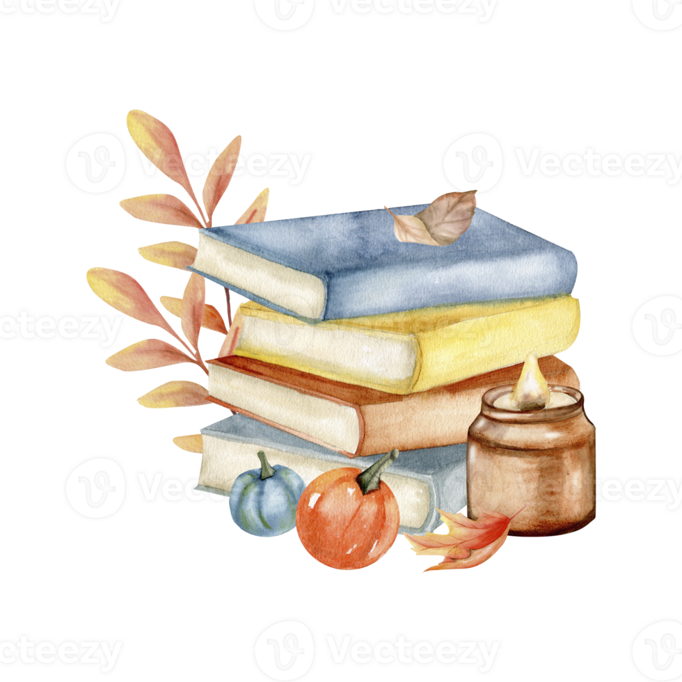Stack of books, candle, small decorative pumpkins and orange leaves watercolor clipart. Hand drawn warm autumn illustrations, home decor png