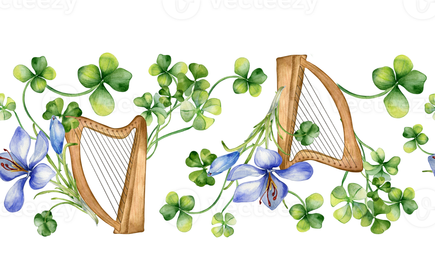 Seamless border with saffron and clover watercolor illustration. Painted Celtic harp and flowers. Hand drawn Irish symbol. Design element for St.Patrick day, web banner, wrapping. png