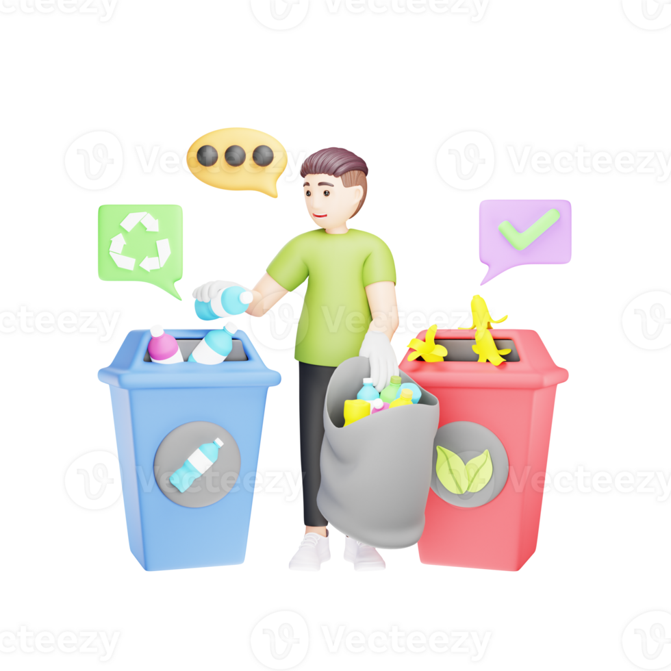 3D Character Illustration Sorting Organic and Non Organic Waste for Recycling png