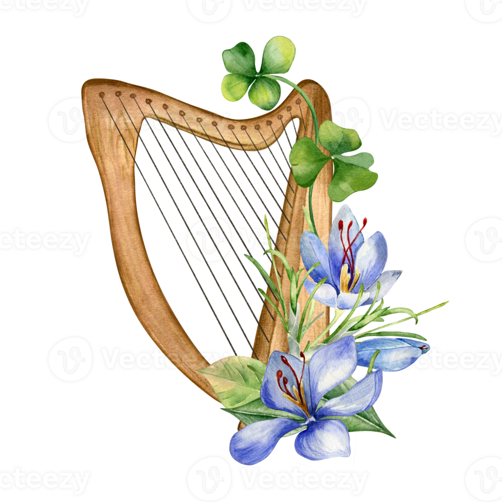 arpa y primavera flores acuarela ilustración. pintado verde trébol con azafrán y cuerda musical instrumento. irlandesa símbolo mano dibujado. diseño para S t. Patricio día, primavera. png