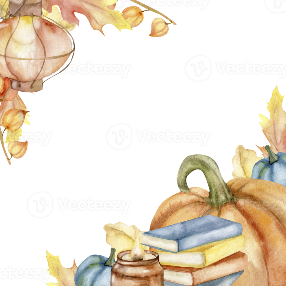 mysigt höst ram med orange löv, pumpa , böcker, ljus och hängande lampa. falla säsong baner för tacksägelse festival, skörda dekoration png