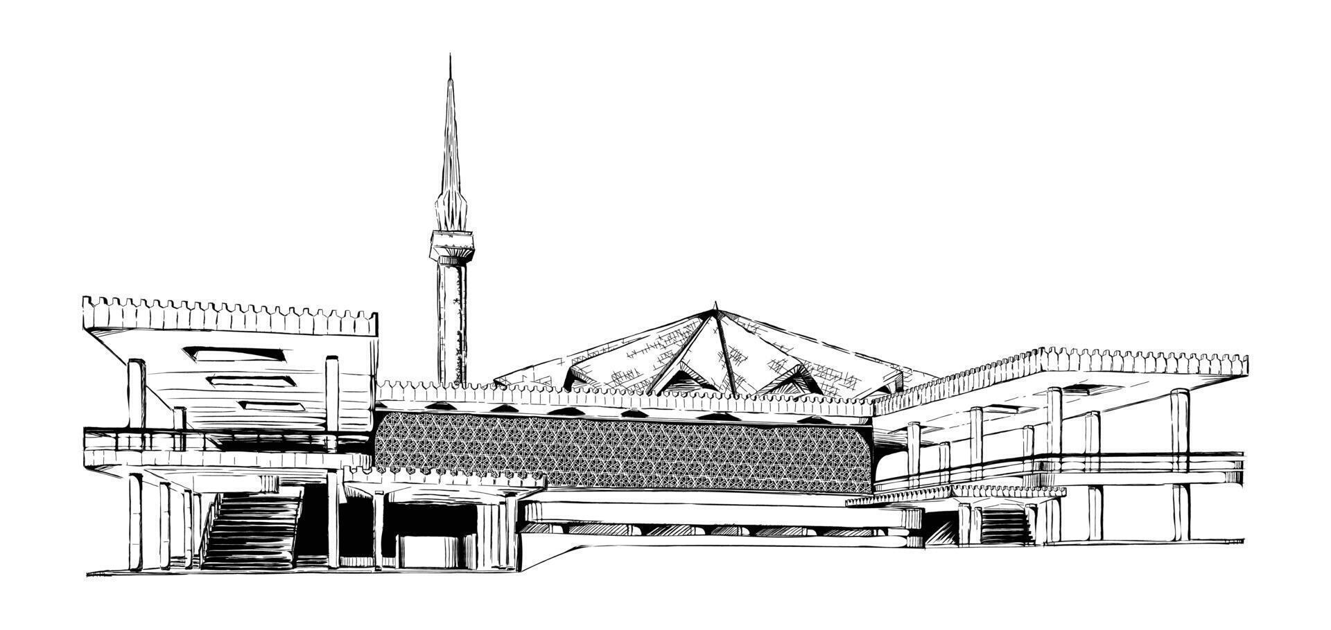mano dibujo bosquejo ilustración de nacional mezquita de Malasia, masjid negara kuala lumpur en ilusrtration vector