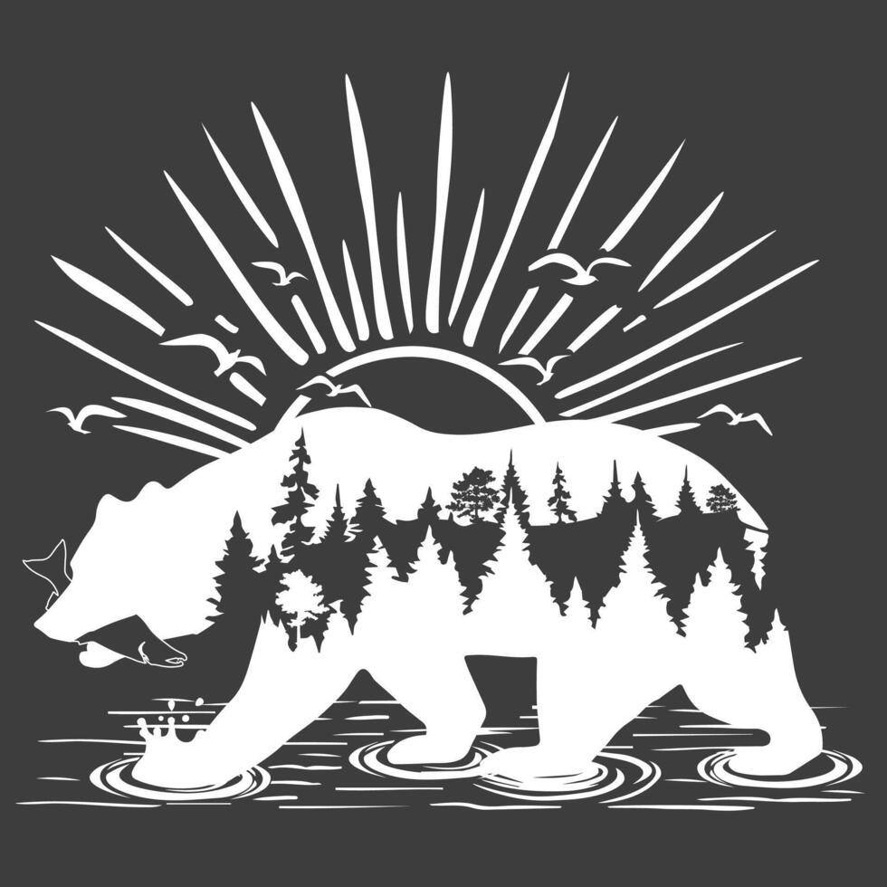 Abstract bear with a forest inside and a fish in its teeth walks vector