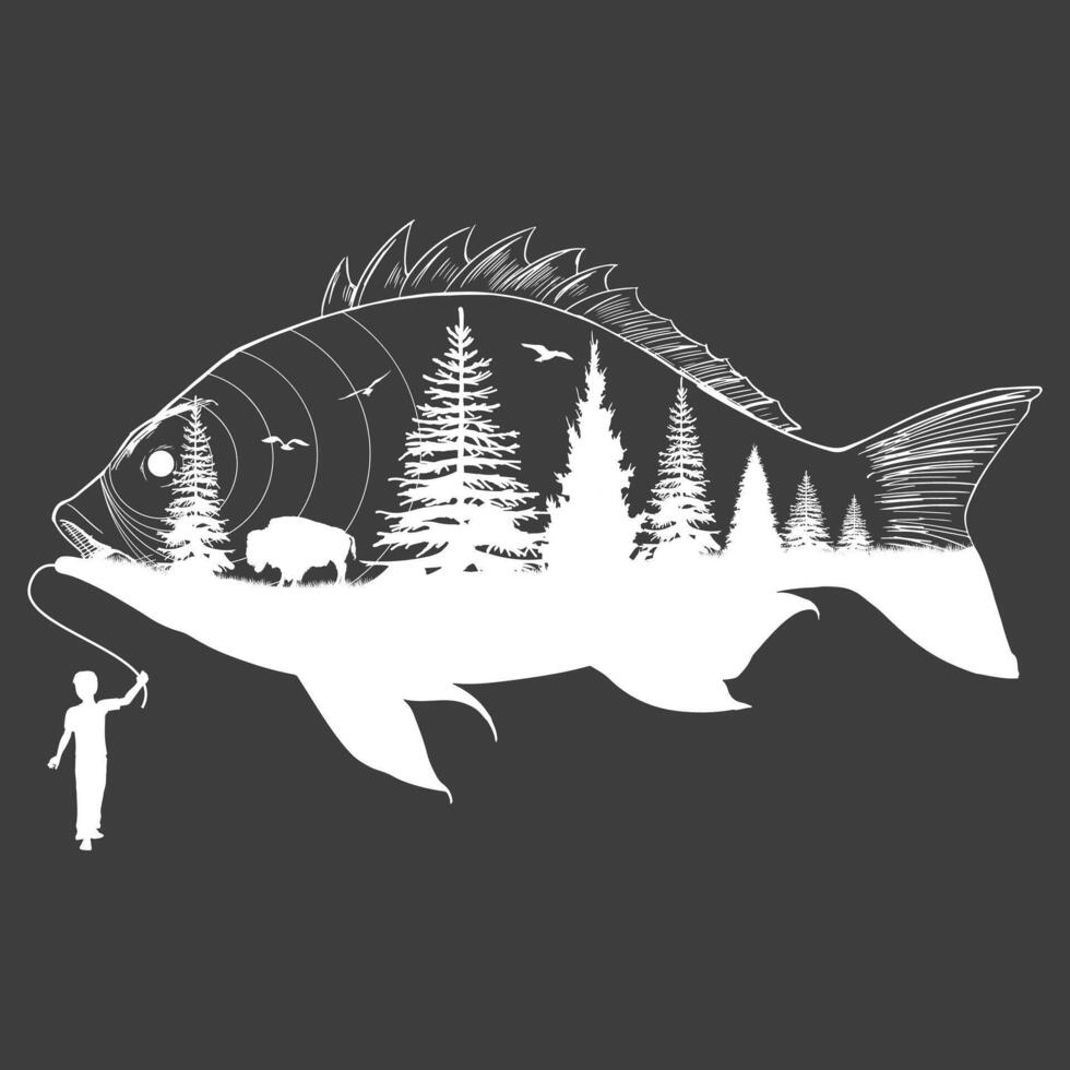 boy holding a fish with a forest inside vector