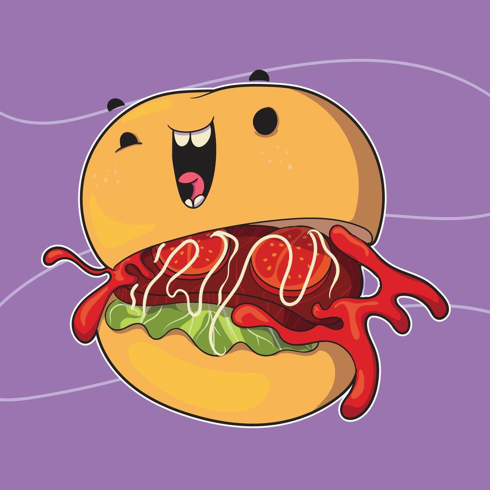 un dibujos animados dibujo de un hamburguesa con un sorprendido expresión en él. vector