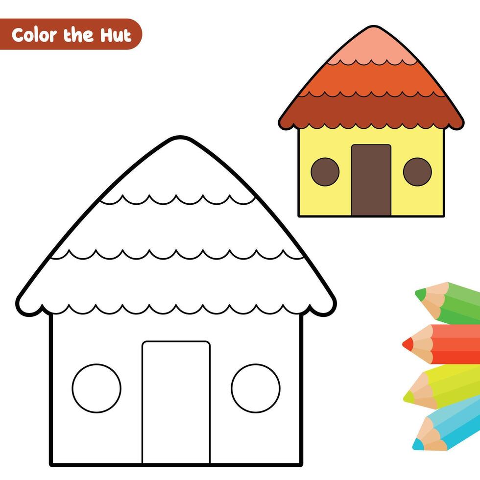 hut coloring page for kids with colorful drawing vector
