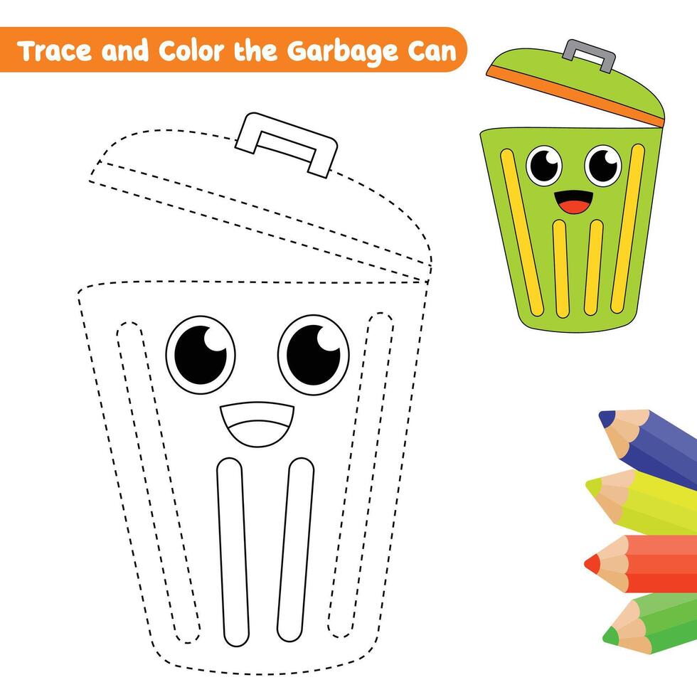 garbage can tracing and coloring page for kids with colorful drawing vector