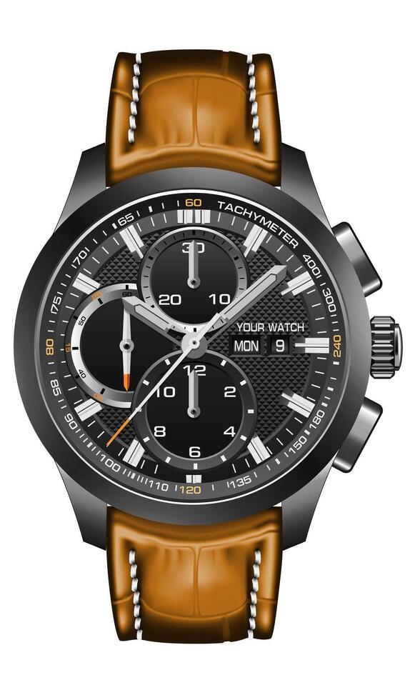 realista reloj reloj negro metálico naranja flecha blanco número con cuero Correa en aislado diseño clásico lujo Moda para hombres vector