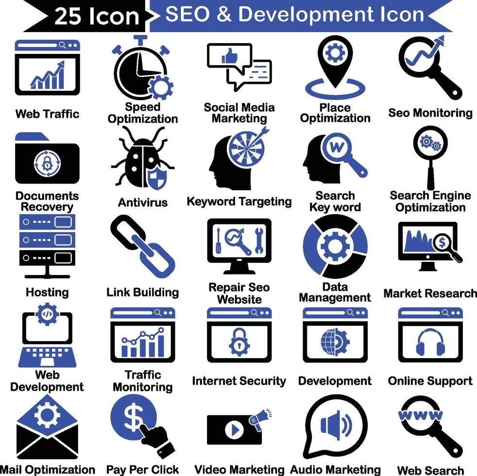 seo y desarrollo icono paquete vector