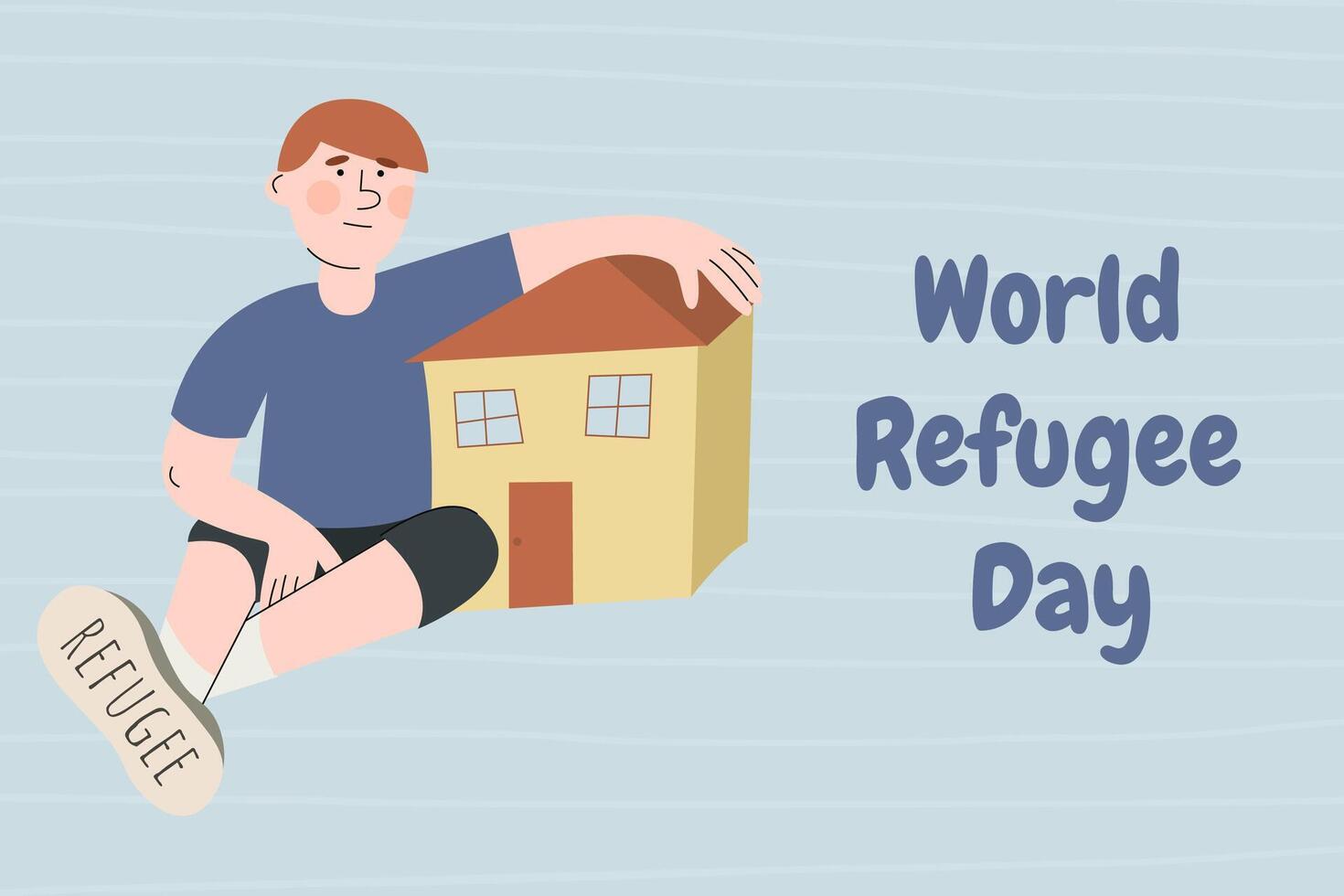 A boy sits near his house. Refugee abandone home and look for a safe place to live. Social crisis idea. World Refugee Day banner. vector