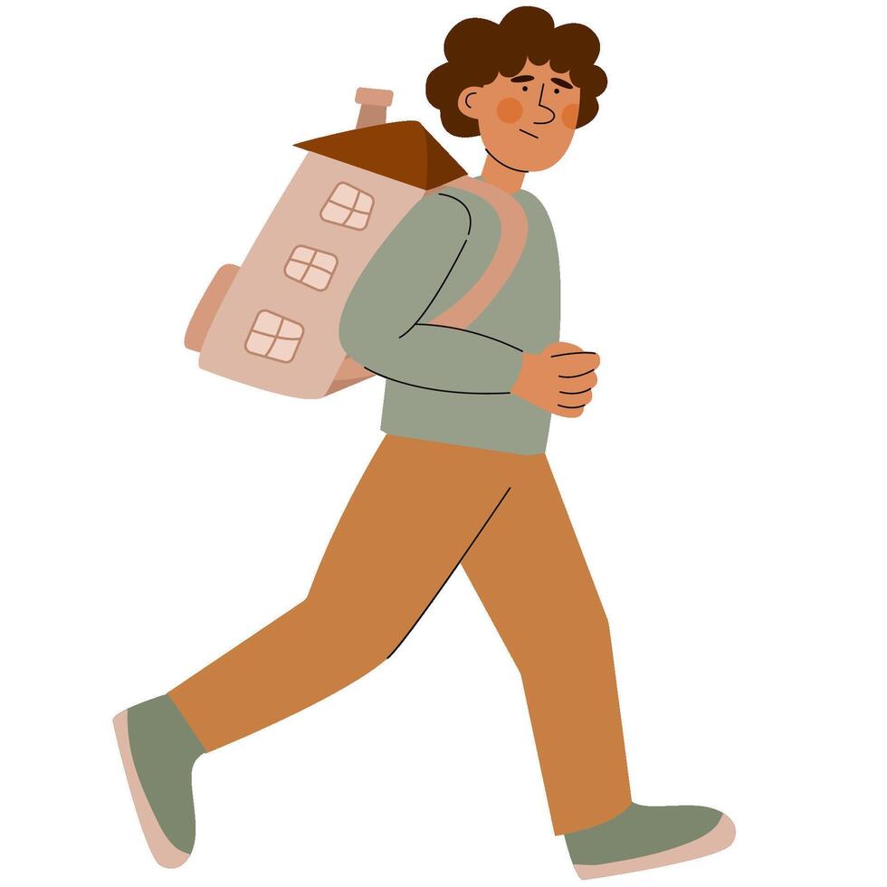 Child with backpacks that look like a house. Refugee abandone home and look for a safe place to live. Social crisis idea. World Refugee Day banner. vector