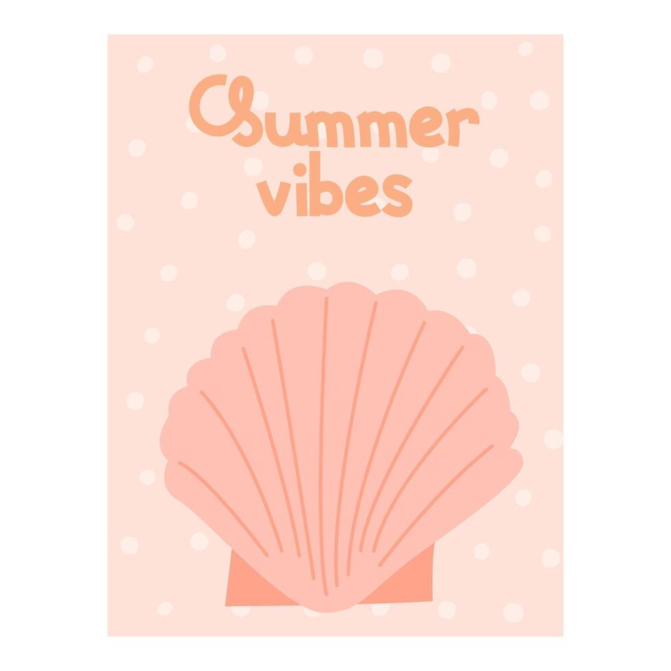 Summer banner, background with shell and lettering Summer vibes. Summer banner or poster design. vector
