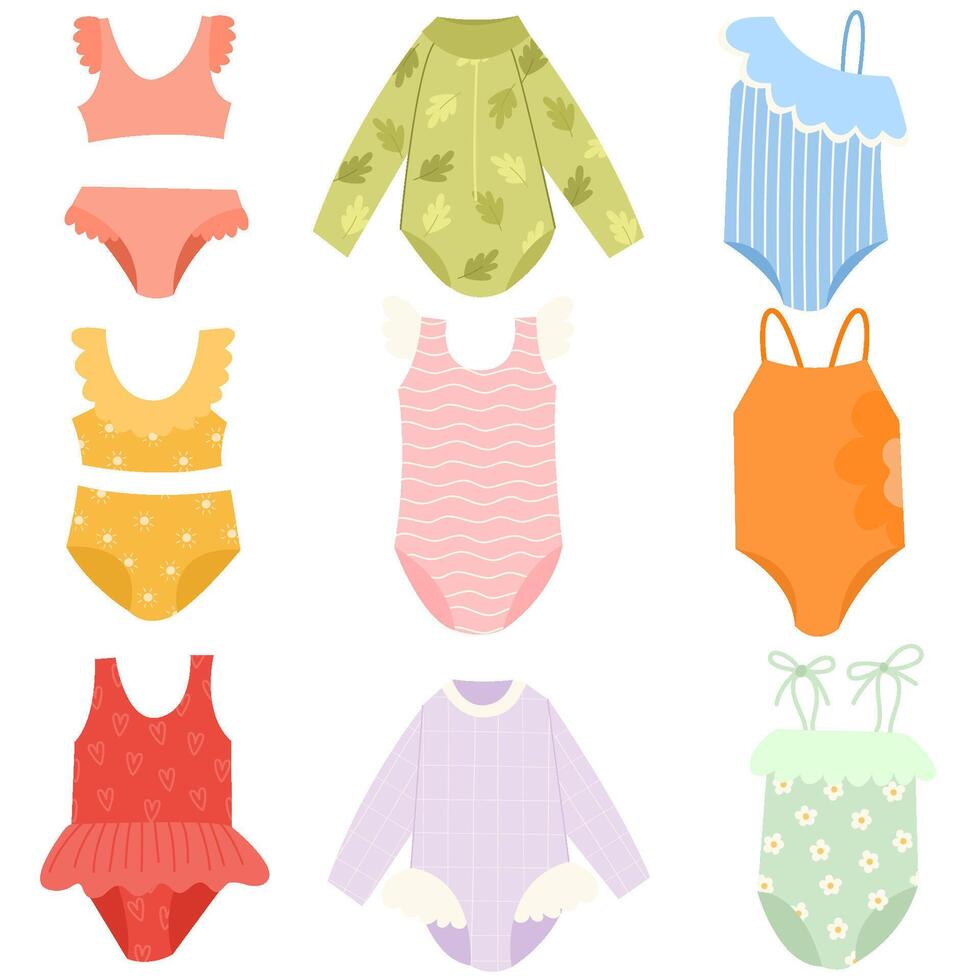 Set of children's summer swimsuit. Summer swimwear for girls. Swimsuit, fashion, summer concept vector