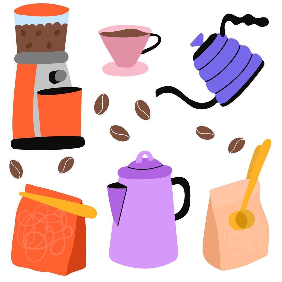 Set of coffee machine, coffee bean packaging, french press, moka pot, cup, kettle icons. Icon collection for menu, coffee shop. Hand drawn modern illustration vector