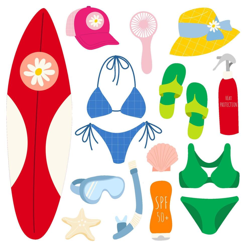 conjunto de verano elementos, viajar, playa, Hora de verano accesorio. tabla de surf, traje de baño, Panamá sombrero, agua botella, protector solar, chancletas, playa bolsa, gorra, cuerpo crema, aro salvavidas. vector