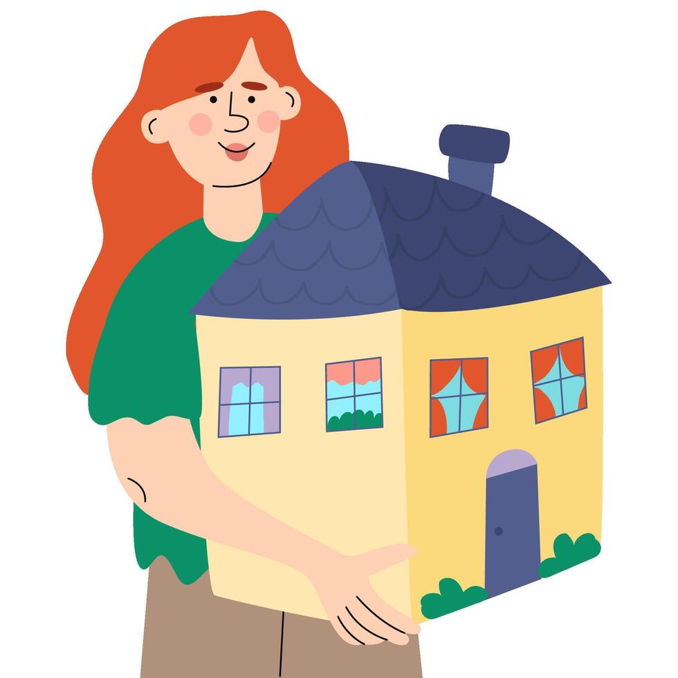 The happy woman holds the house. Woman rejoices in buying a house. vector