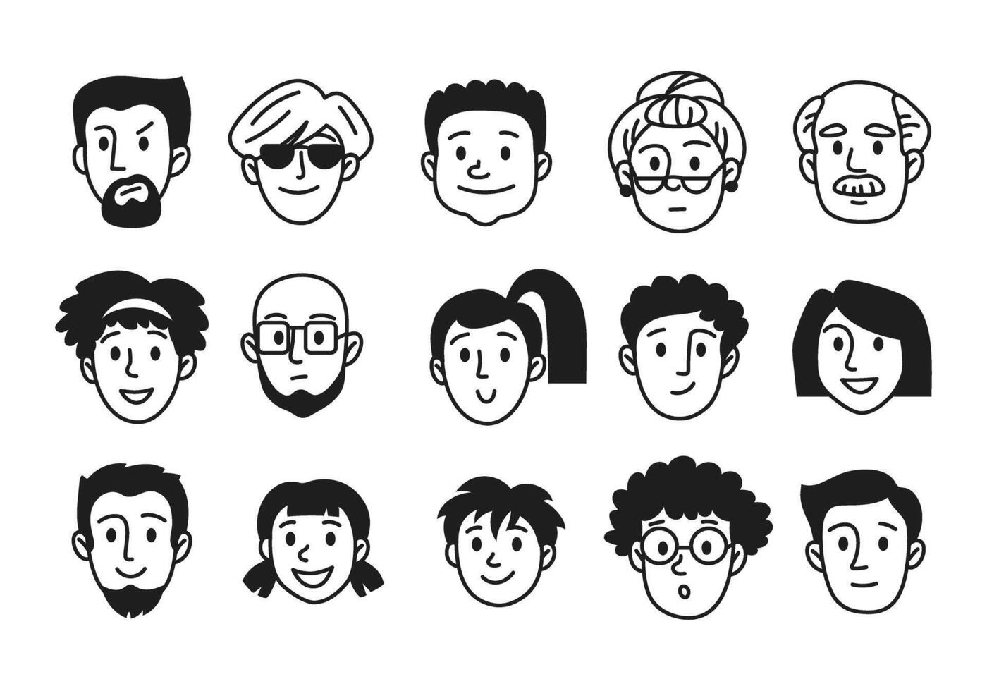 Set of hand drawn human faces doodles. Sketches of young, old, seniors, women, boys, girls, facial expressions, emotions isolated on a white background vector